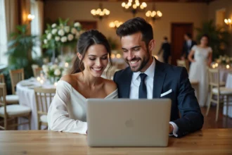 Jeune couple souriant regardant leur site de mariage