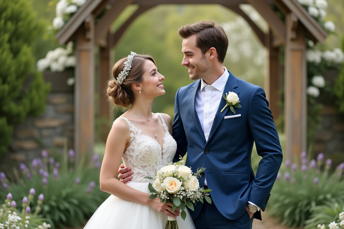Jeune couple en mariage dans un jardin printanier