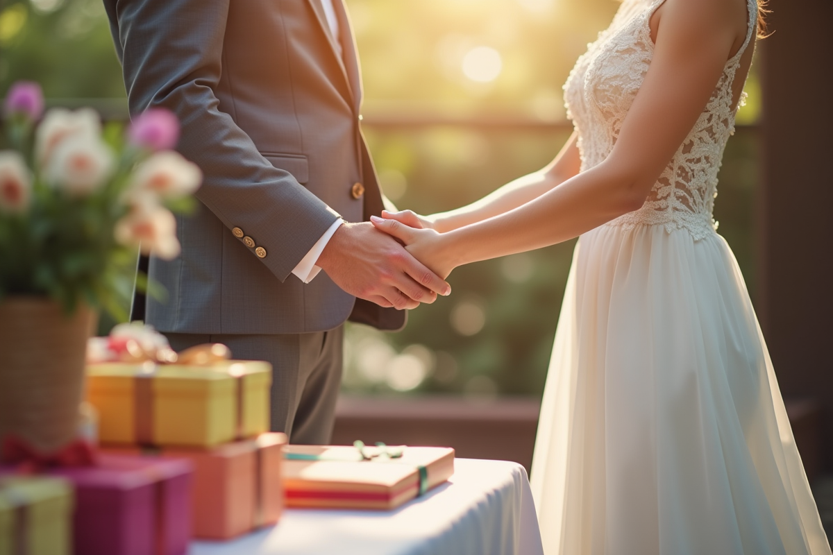 Couple lors de la cérémonie de mariage avec cadeaux et fleurs