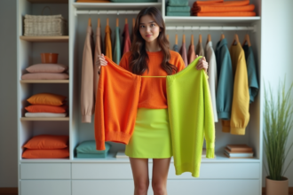Jeune femme hésitant devant une armoire avec vêtements contrastés