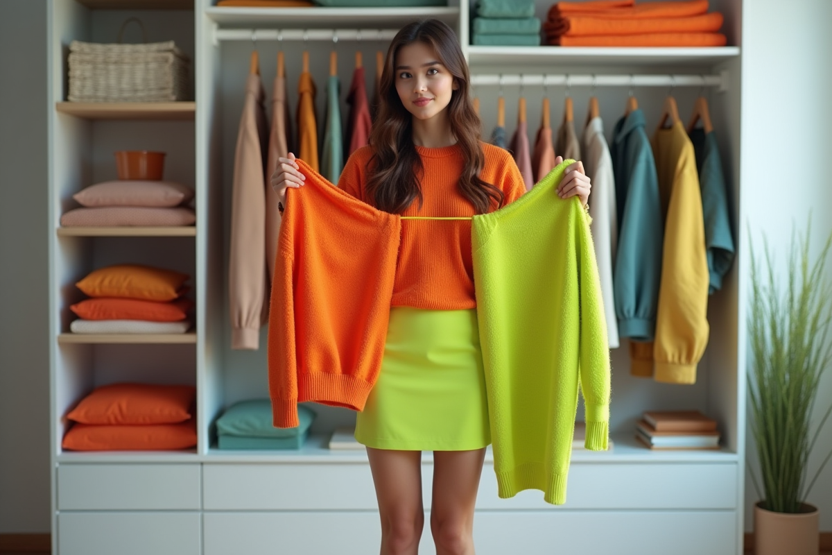 Jeune femme hésitant devant une armoire avec vêtements contrastés
