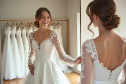 Jeune femme souriante en robe de mariée dans une boutique à Lyon
