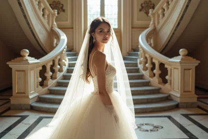 Jeune femme en robe de mariée dans un château historique