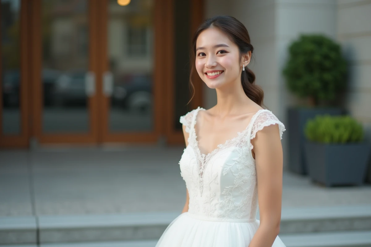 Jeune femme souriante en robe blanche devant mairie moderne