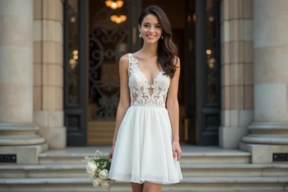 Jeune femme souriante en robe de mariée devant la mairie