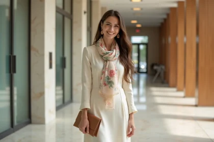 Jeune femme souriante dans un hall moderne de mairie