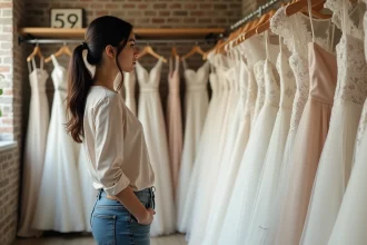 Jeune femme devant des robes de mariage élégantes dans une boutique