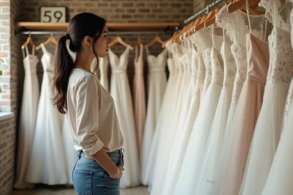 Jeune femme devant des robes de mariage élégantes dans une boutique