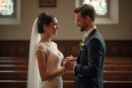 Jeune couple de mariés à l'autel dans une église élégante
