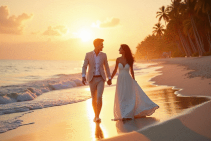 Couple de jeunes mariés marchant sur la plage tropicale au coucher du soleil
