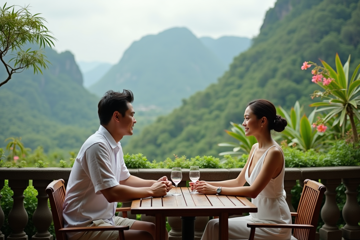 Jeune couple marié assis sur un balcon avec vue montagne