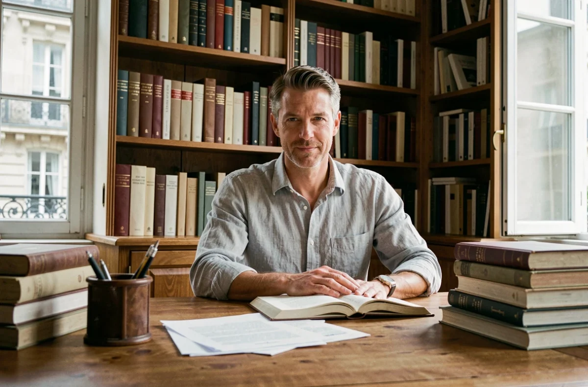 Homme intellectuel dans un bureau à domicile entouré de livres, illustrant la vie personnelle et le cadre intime d'un journaliste public comme Geoffroy Lejeune