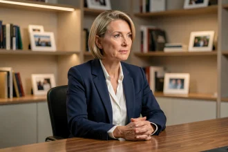 Journaliste professionnelle assise dans les coulisses d'un studio de télévision, air pensif et élégant
