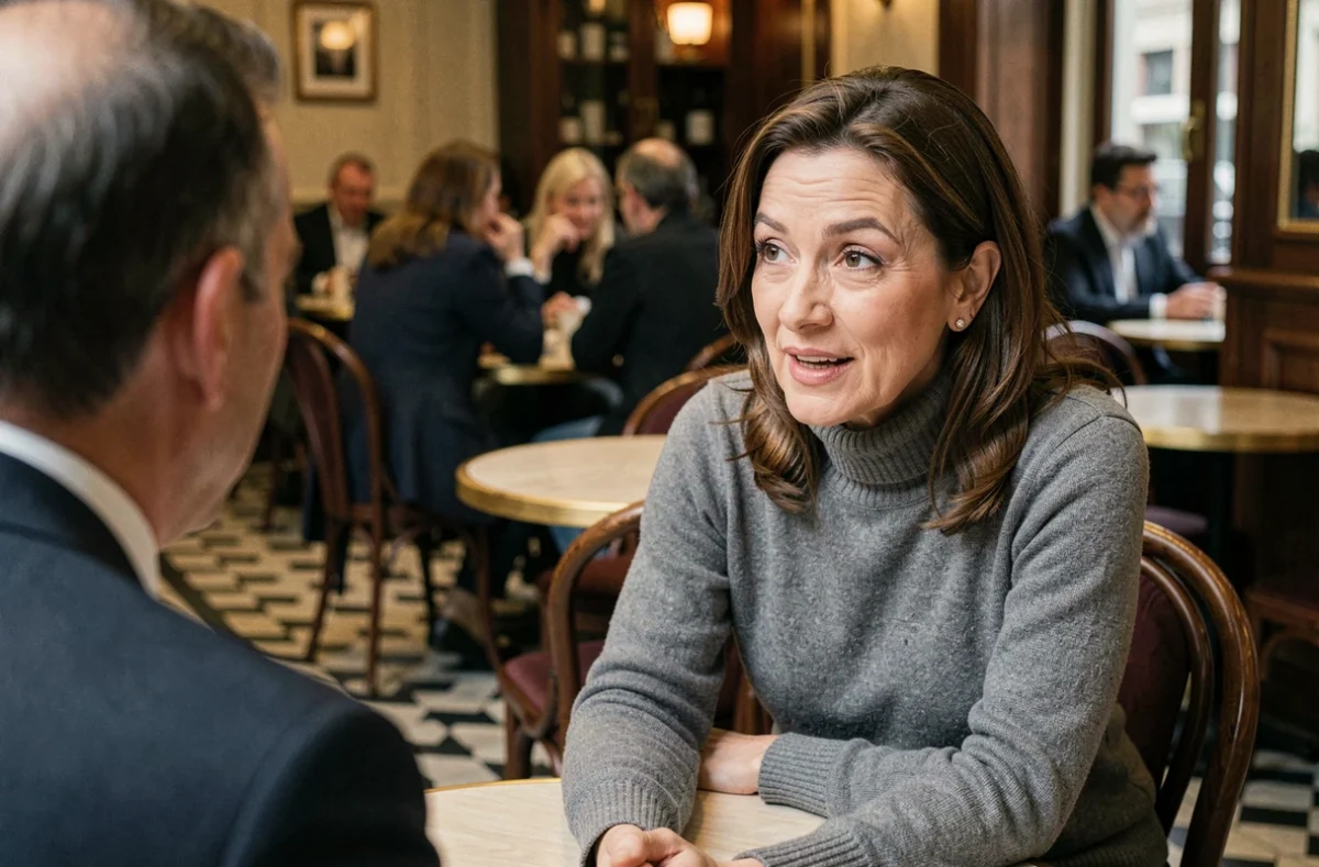 Femme journaliste en entretien dans un café parisien, conversation sincère et moment de confidence