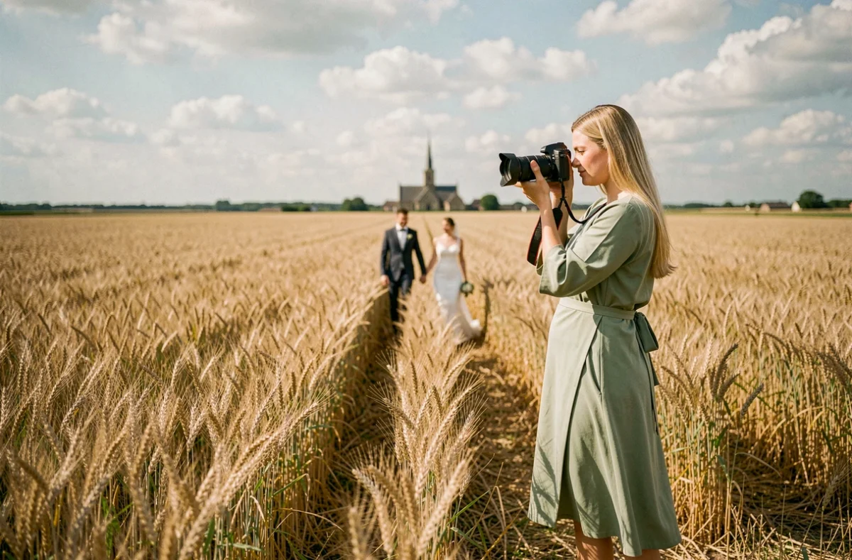 Julie Photographie dans un champ de blé du Pas-de-Calais photographiant un couple de mariés en balade romantique