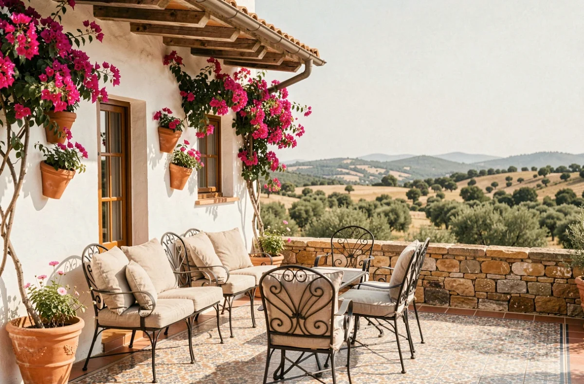 La Finca del Sol avec sa façade blanchie à la chaux, ses bougainvillées et sa terrasse carrelée de mosaïques pour mariages en Occitanie