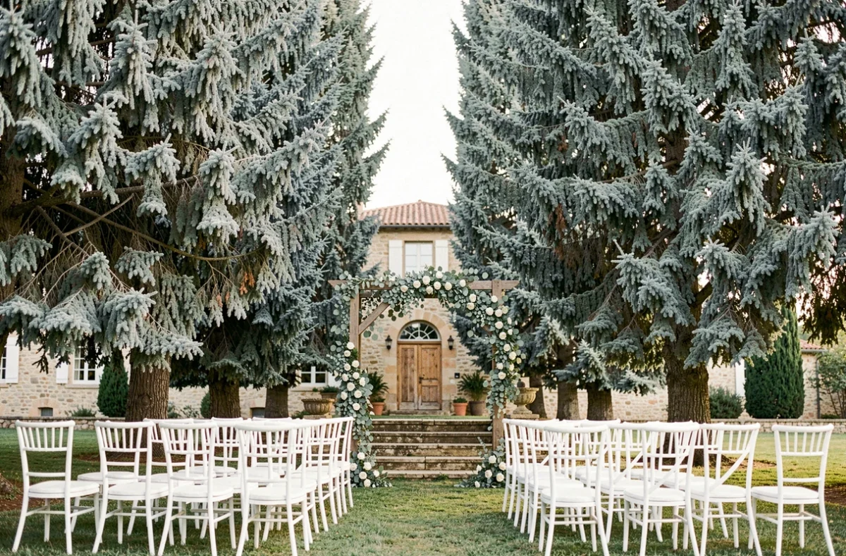 Les Cèdres Bleus avec ses majestueux cèdres argentés encadrant une cérémonie de mariage en plein air sur pelouse