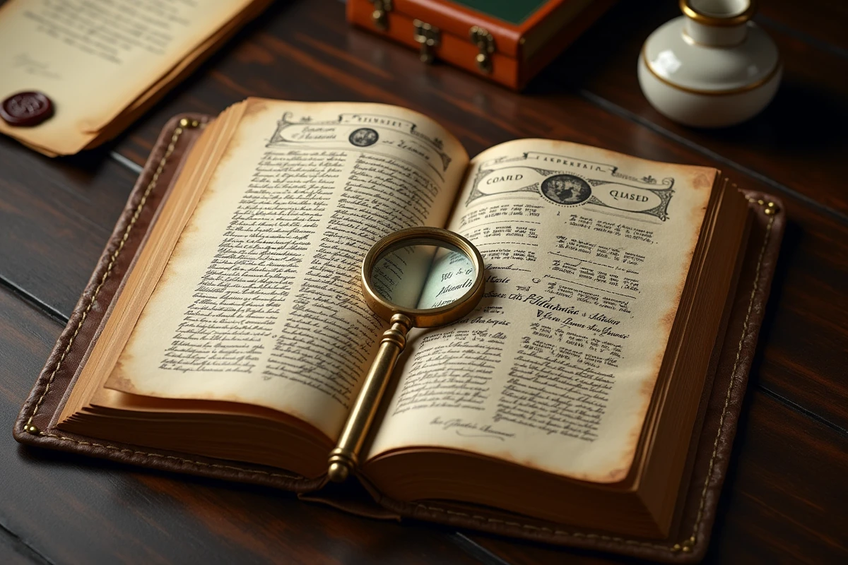 Livre ancien ouvert sur une généalogie des mariages royaux Tudor avec calligraphie manuscrite, loupe en laiton et sceau de cire sur un bureau en noyer