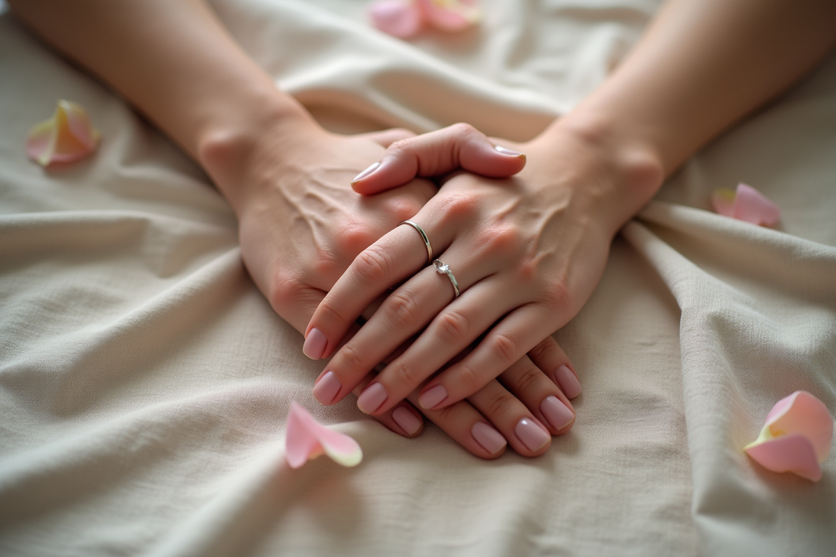 Mains entrelacees avec bagues sur tissu en lin et pétales