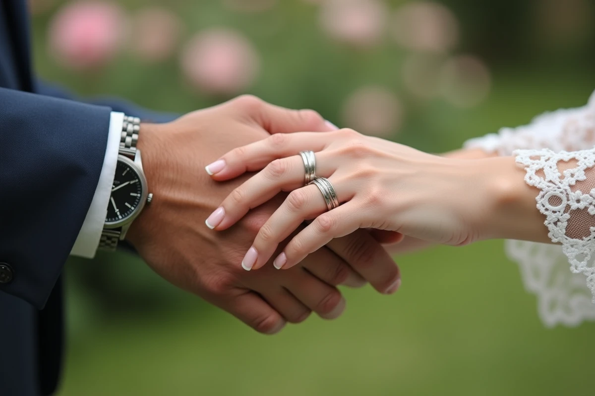 Mains entrelacees avec bagues de mariage dans un jardin