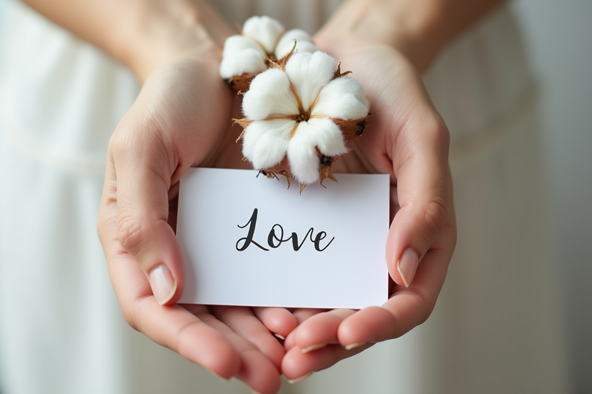 Mains tenant un bouquet de coton et une carte manuscrite