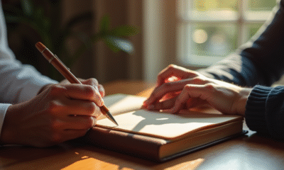 Mains d'un couple tenant un carnet en cuir finement travaillé