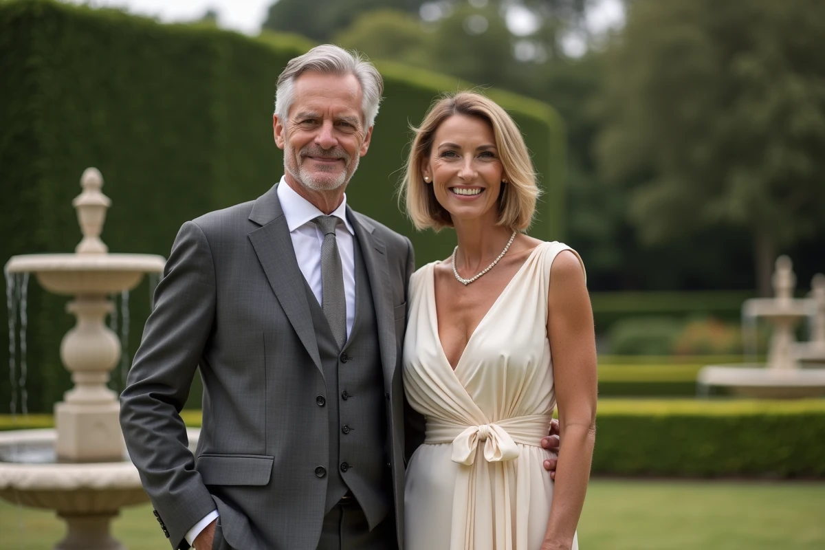 Couple en tenue de mariage élégante dans un jardin de château français avec fontaines en pierre et buis taillés