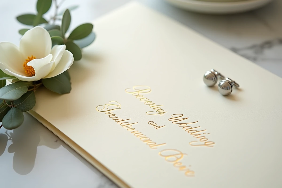 Détails d'accessoires de mariage élégants sur marbre poli incluant faire-part ivoire doré boutonnière et boutons de manchette