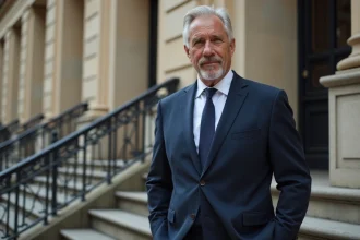 Portrait élégant d'un présentateur télévision français en costume bleu marine devant un bâtiment parisien classique