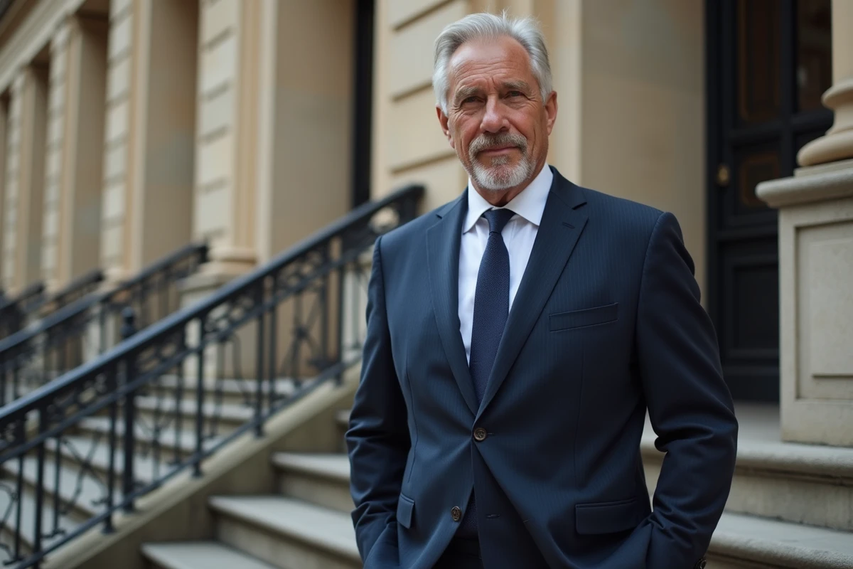 Portrait élégant d'un présentateur télévision français en costume bleu marine devant un bâtiment parisien classique