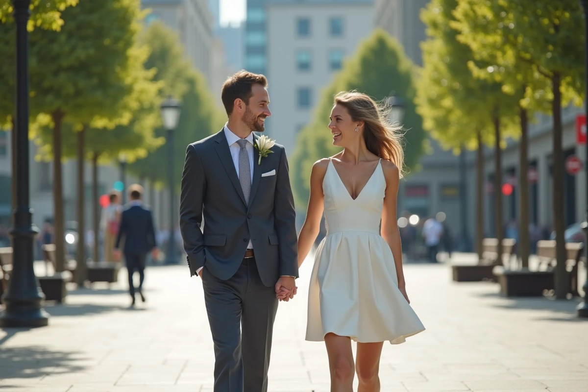 Jeune couple marié marchant dans une place urbaine moderne