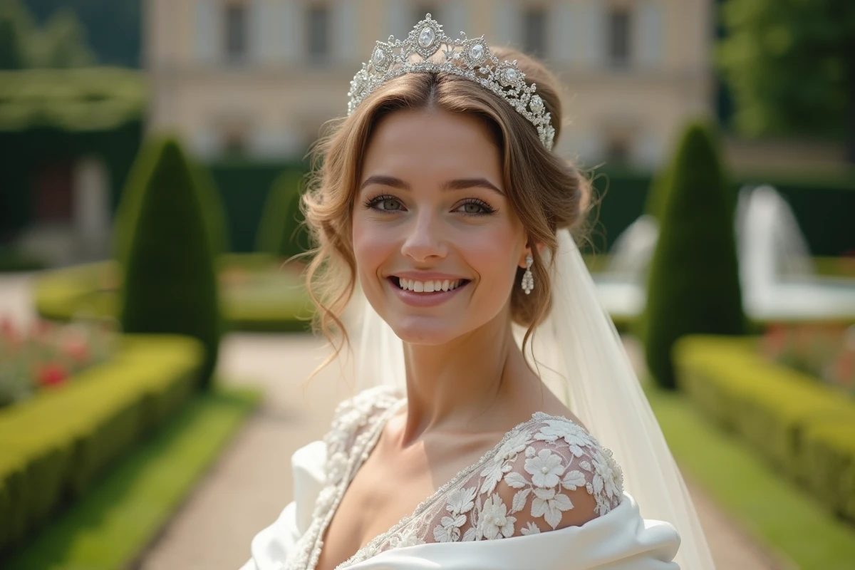 Mariée souriante dans un jardin de château en pleine nature