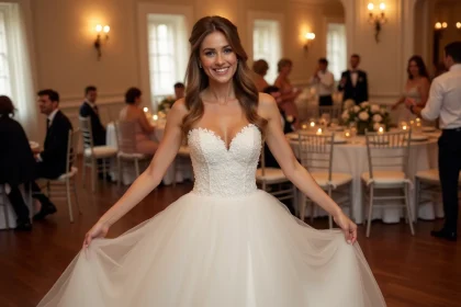 Mariée dansante en robe blanche lors d’un mariage joyeux