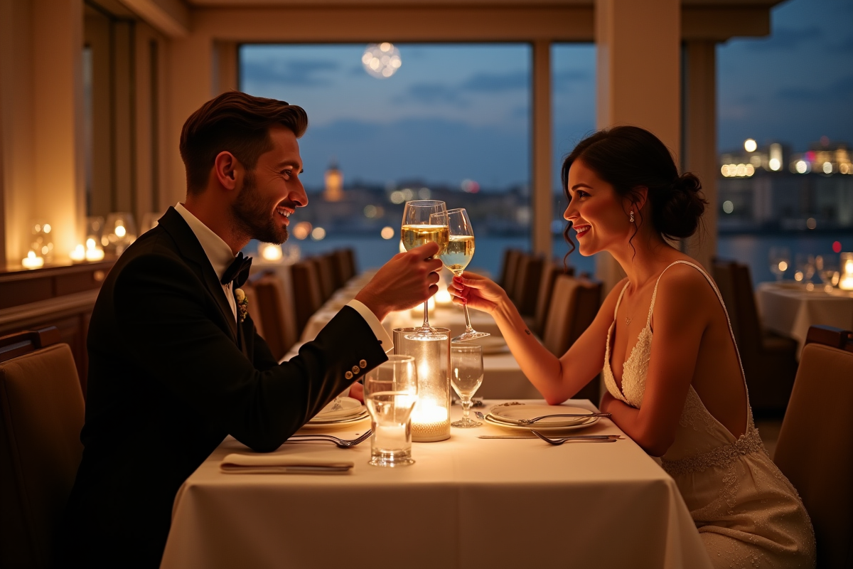 Couple marié en dîner romantique dans un restaurant chic