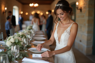 Mariée souriante arrangeant des cartes de place élégantes
