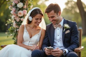 Jeune couple de mariés avec écouteurs sans fil lors de la cérémonie