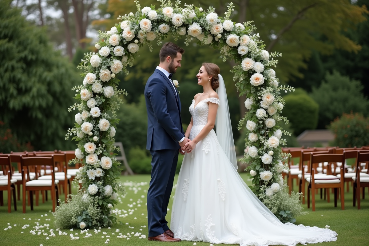 Jeune couple marié sous un arc floral élégant en extérieur