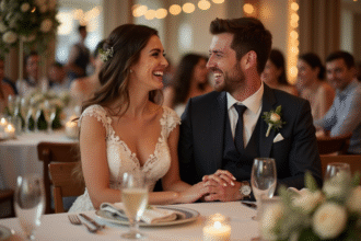 Mariage avec mariée et marié souriants lors de la réception