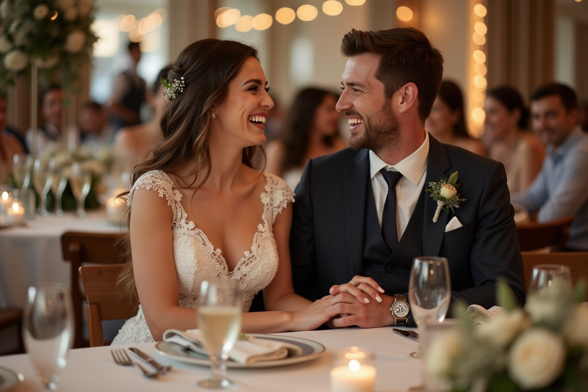 Mariage avec mariée et marié souriants lors de la réception