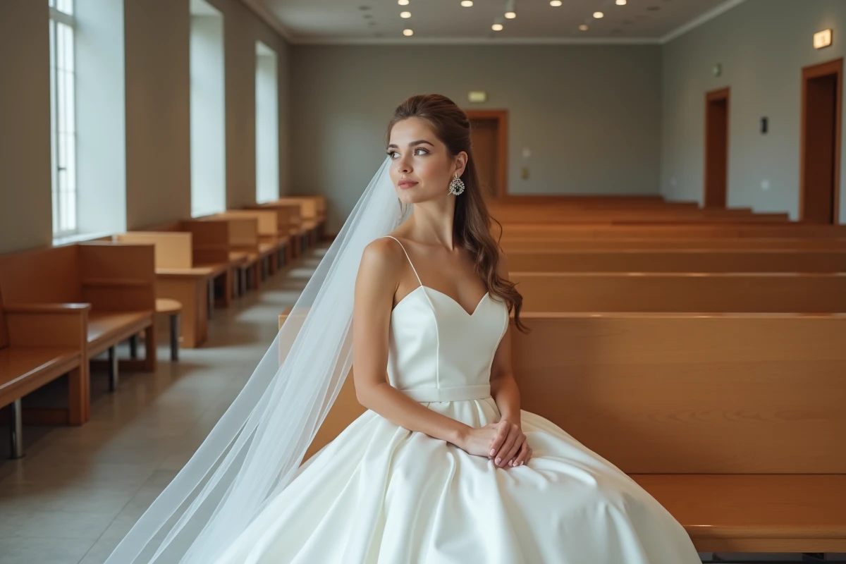 Mariée moderne assise dans la mairie contemporaine