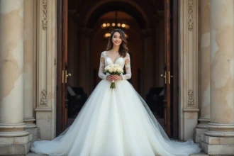 Jeune femme en robe de mariée élégante devant la mairie