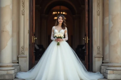 Jeune femme en robe de mariée élégante devant la mairie