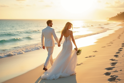 Jeune couple marié marchant sur la plage au coucher du soleil