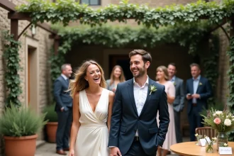 Couple découvrant leur mariage surprise en petit comité dans une cour en pierre avec des proches réagissant avec joie