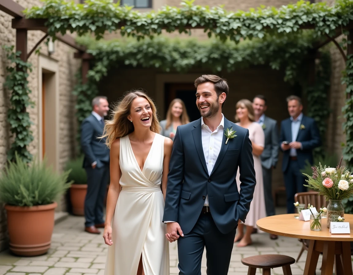Couple découvrant leur mariage surprise en petit comité dans une cour en pierre avec des proches réagissant avec joie