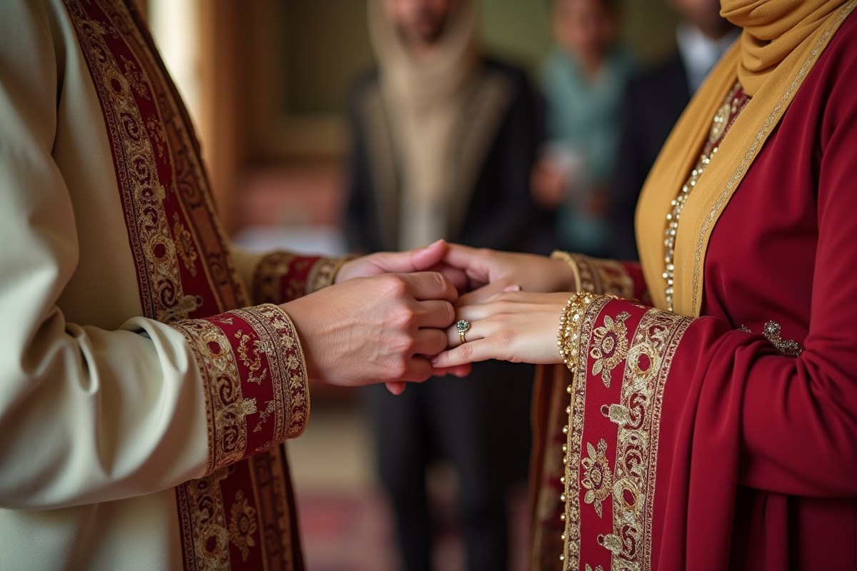 Jeune couple nord-africain échangeant des anneaux lors d'une cérémonie Arsha