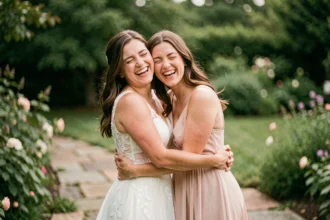 Mariée et demoiselle d'honneur s'embrassant avec joie dans un jardin fleuri lors d'un mariage