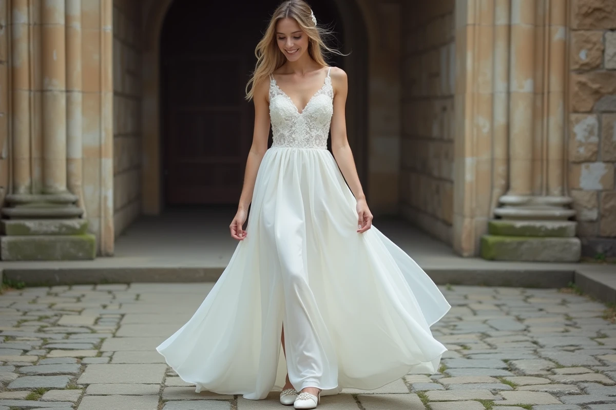 Mariée en robe de mariée blanche en A enfilant des mules à petit talon ornées de perles sur un chemin en pierre devant une église