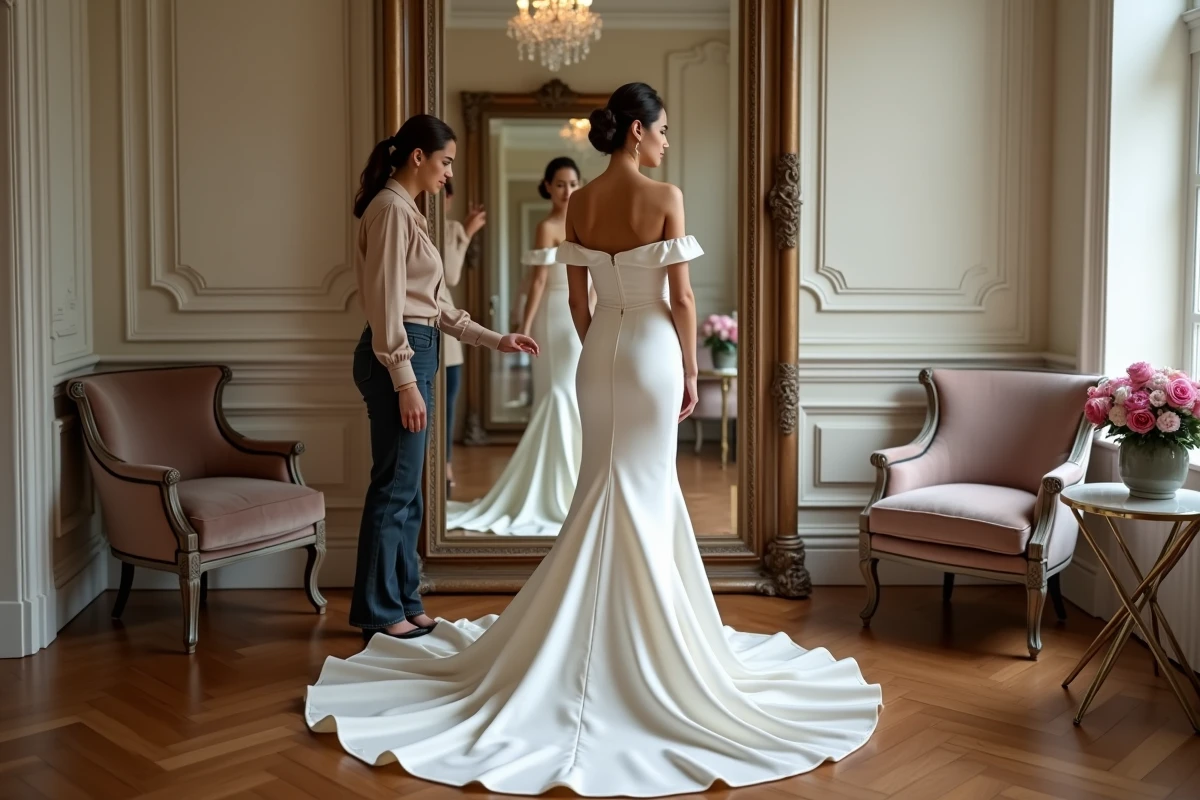 Mariée en robe de mariée de luxe en satin blanc devant un miroir dans une boutique de créateur lors d'un essayage sur-mesure
