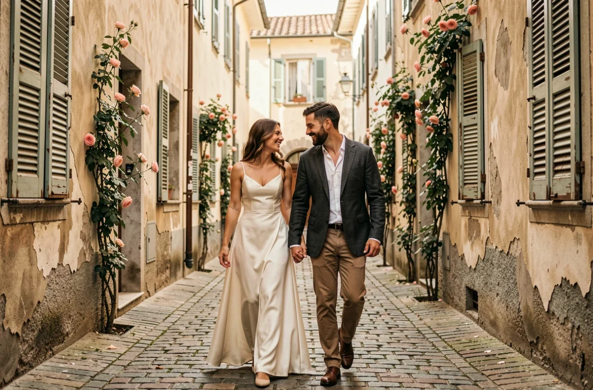 Couple de jeunes mariés marchant dans une ruelle pavée historique lors d'un mariage élégant et poétique sans excès